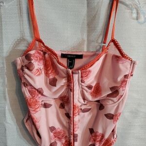 Forever 21 Small Rose Print Front Hook Corset Bra